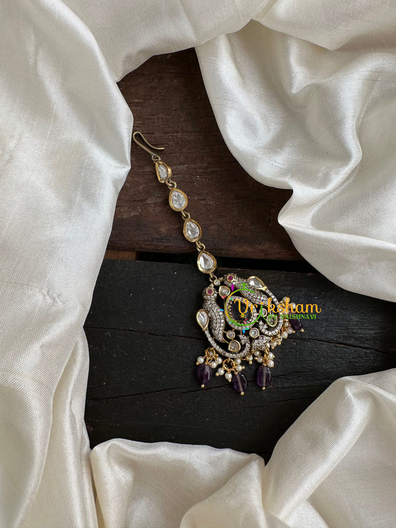 Purple Bead Victorian Diamond Maang Tikka - Parrot -VV083