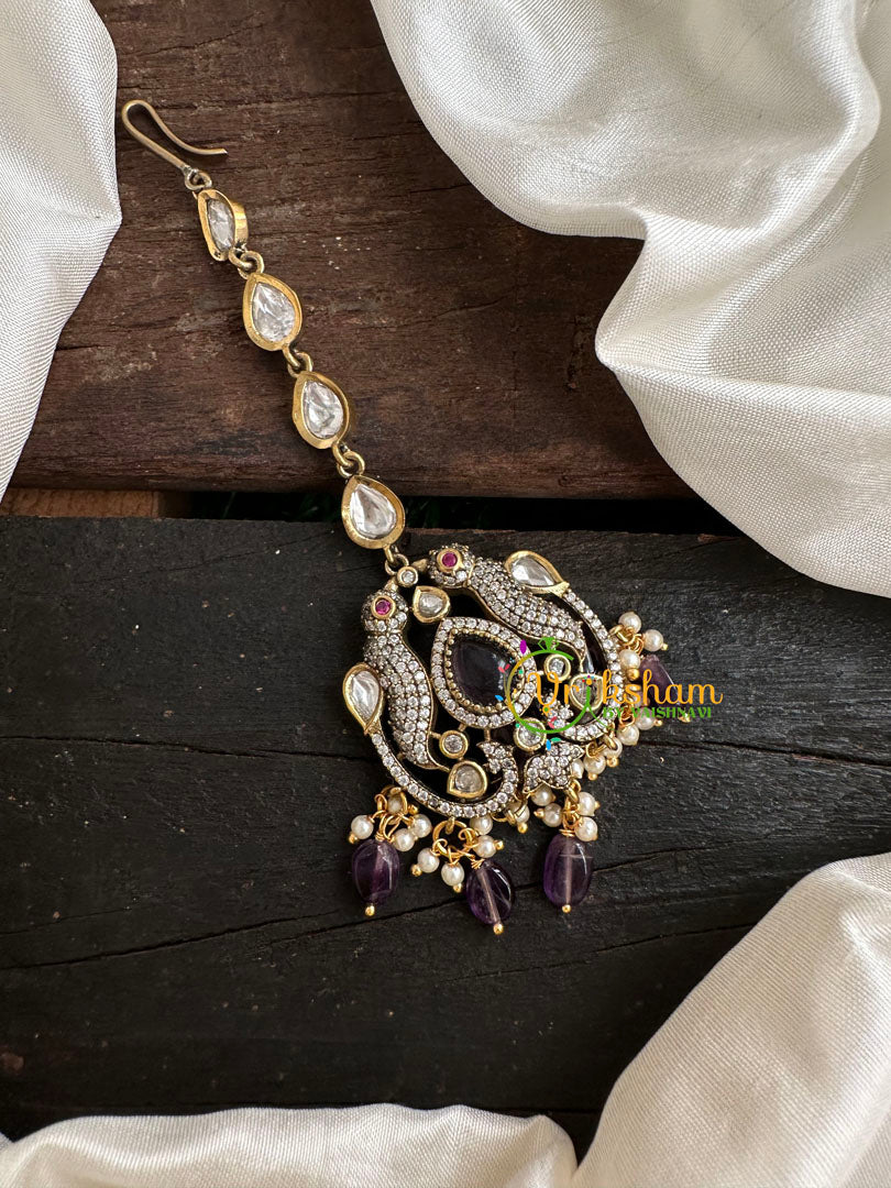 Purple Bead Victorian Diamond Maang Tikka - Parrot -VV083
