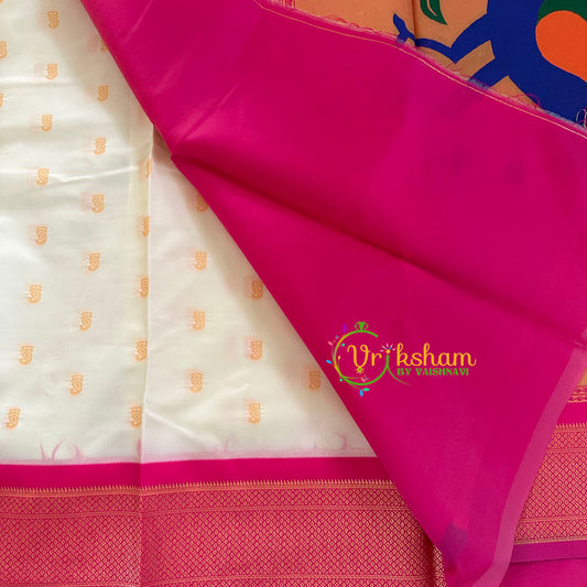 Off White with Pink Paithani Soft Silk Saree -VS2204