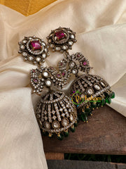 Premium Red Victorian Diamond Jhumkas-VV087