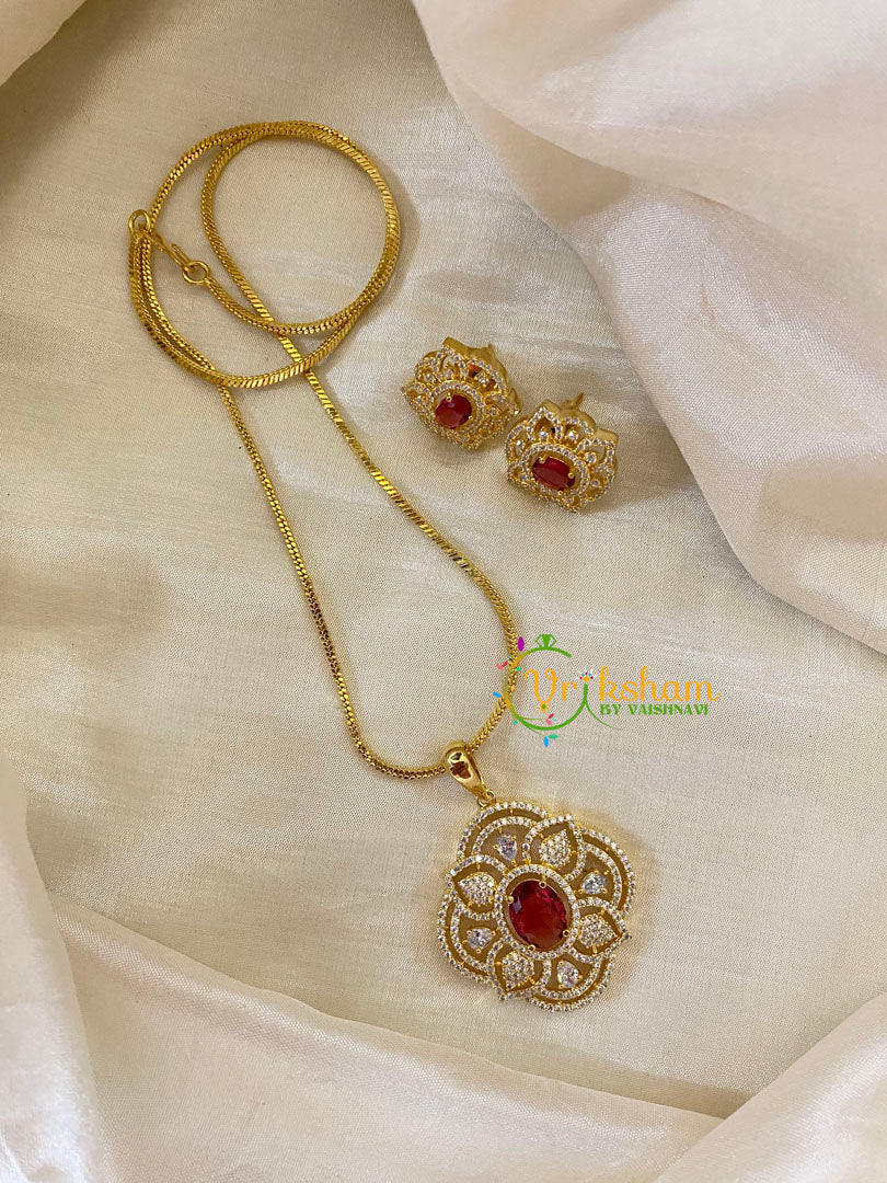 Dark Red Gold Look Alike AD Stone Pendant Chain-Floral-G8268