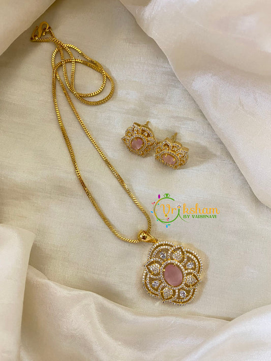 Light Pink Gold Look Alike AD Stone Pendant Chain-Floral-G8267