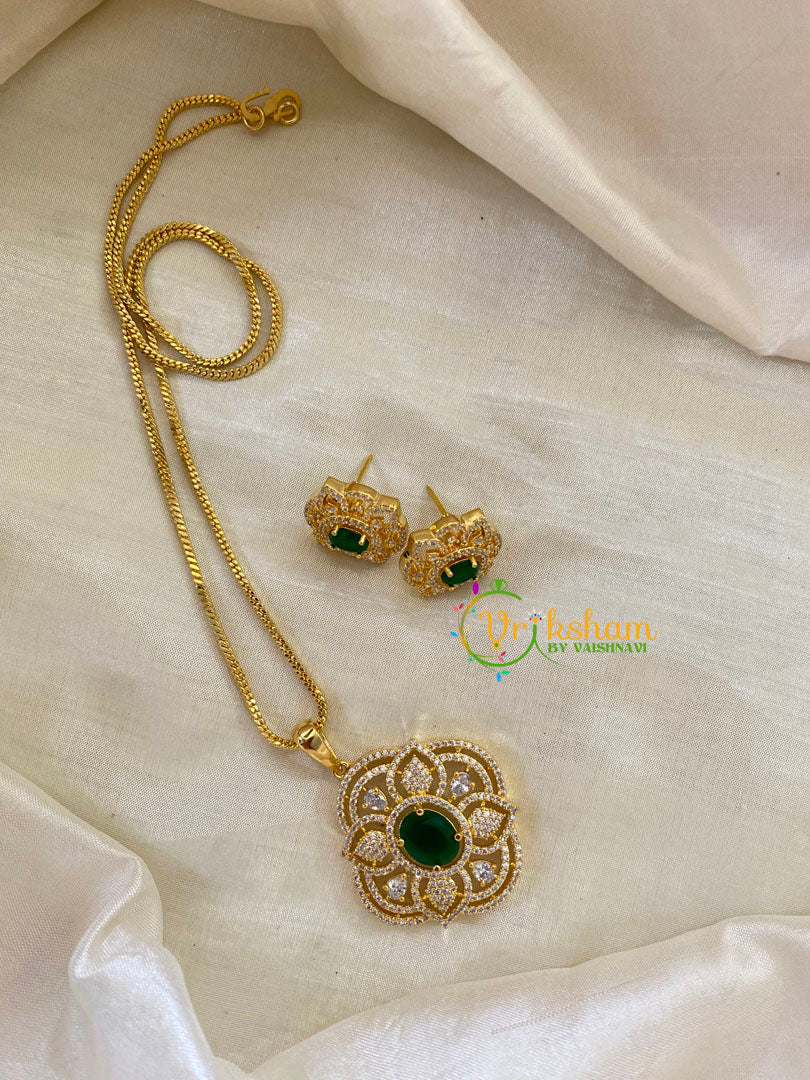 Emerald Green Gold Look Alike AD Stone Pendant Chain-Floral-G8247