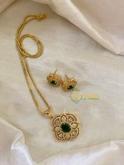 Emerald Green Gold Look Alike AD Stone Pendant Chain-Floral-G8247