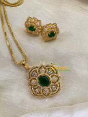 Emerald Green Gold Look Alike AD Stone Pendant Chain-Floral-G8247