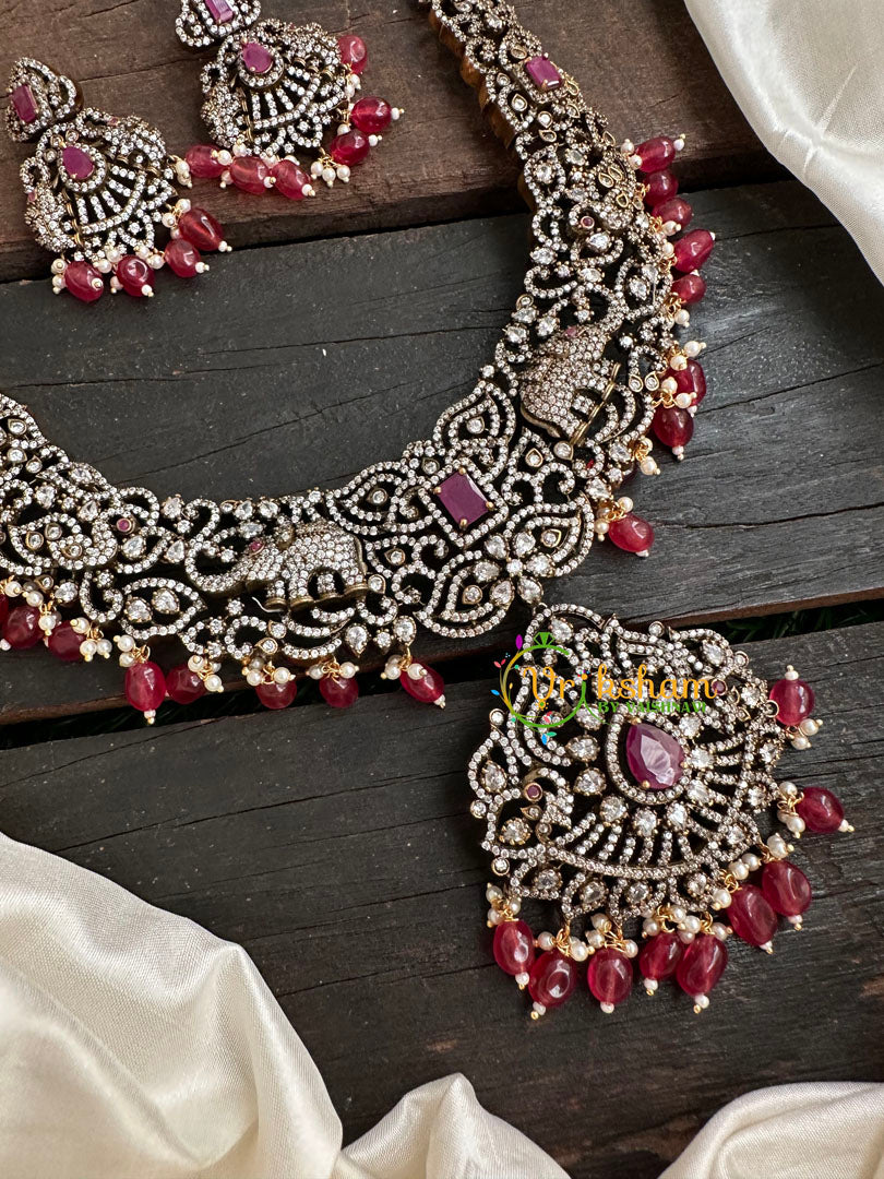 Victorian Diamond Long Neckpiece-Elephant -Red  -VV128