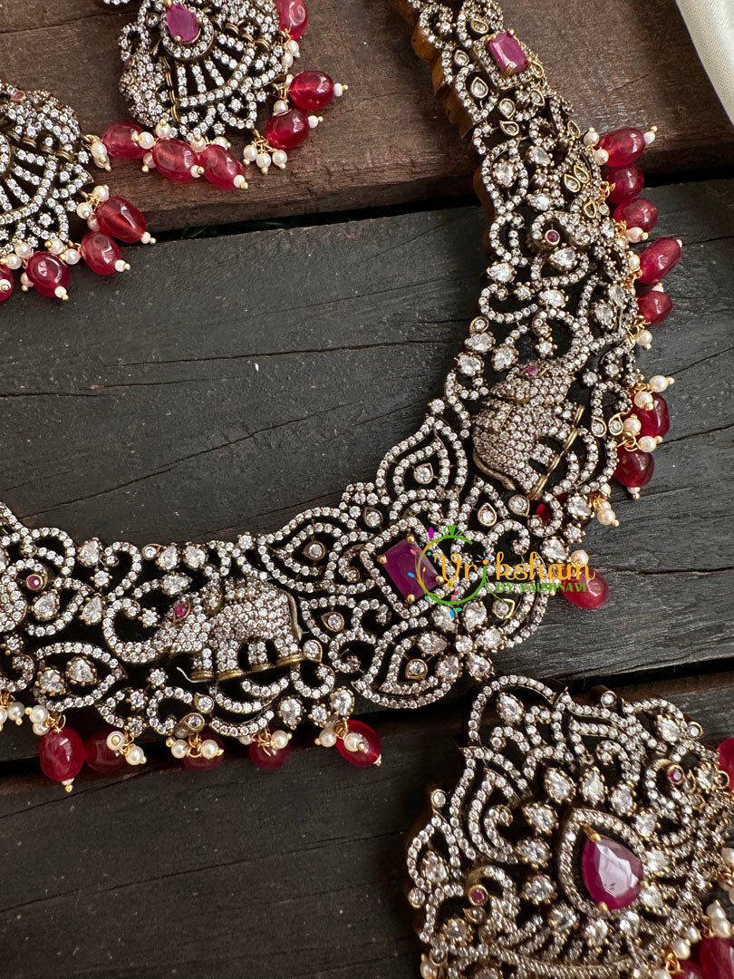 Victorian Diamond Long Neckpiece-Elephant -Red  -VV128