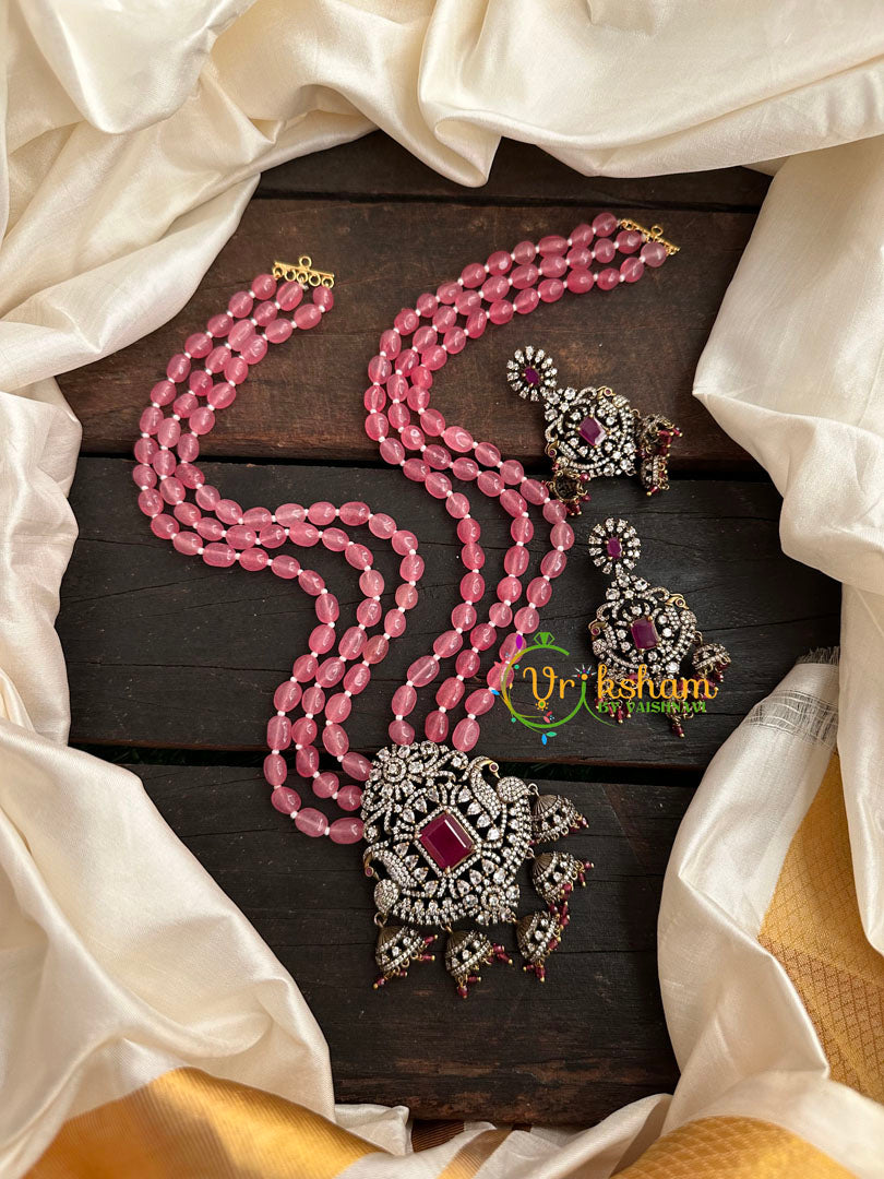 3 Layered Victorian Diamond Neckpiece-Baby Pink-VV155