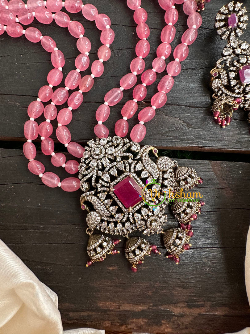 3 Layered Victorian Diamond Neckpiece-Baby Pink-VV155