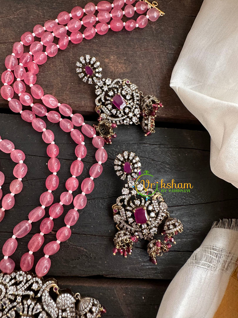 3 Layered Victorian Diamond Neckpiece-Baby Pink-VV155