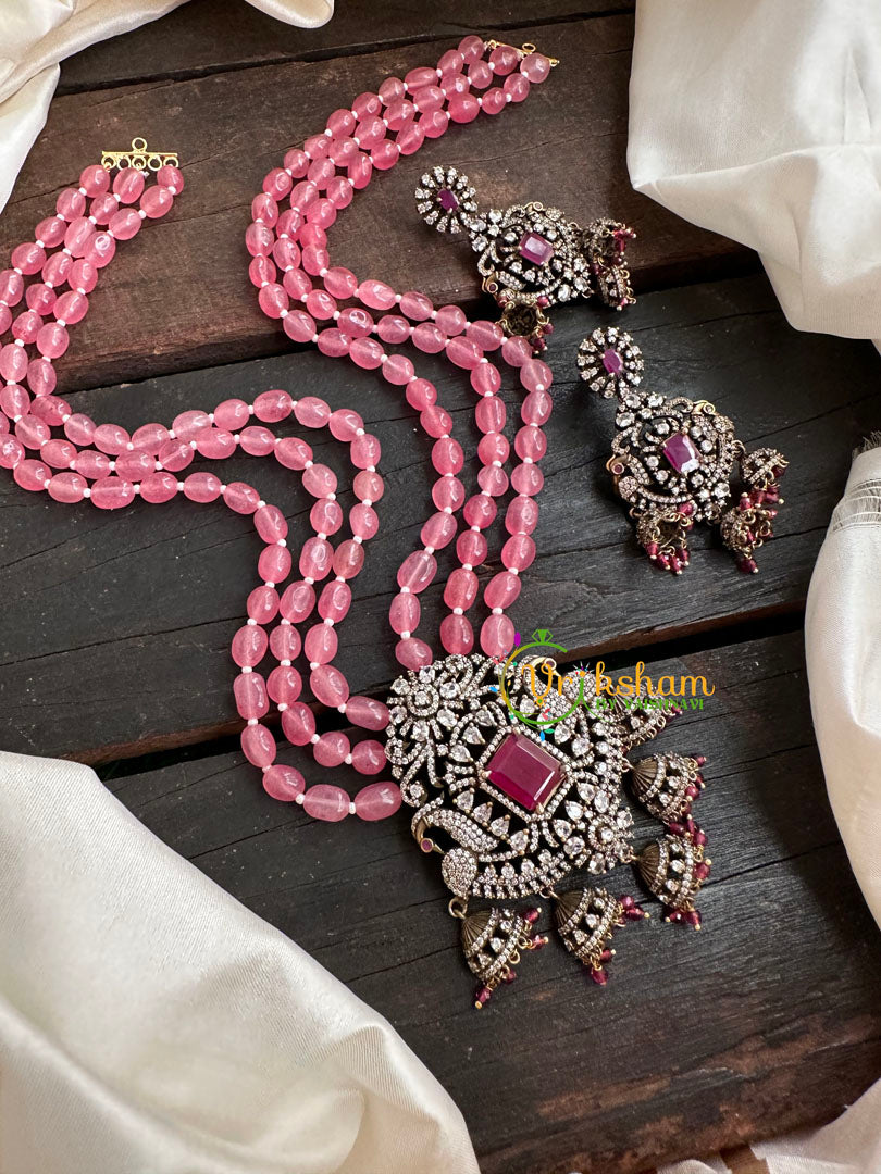 3 Layered Victorian Diamond Neckpiece-Baby Pink-VV155