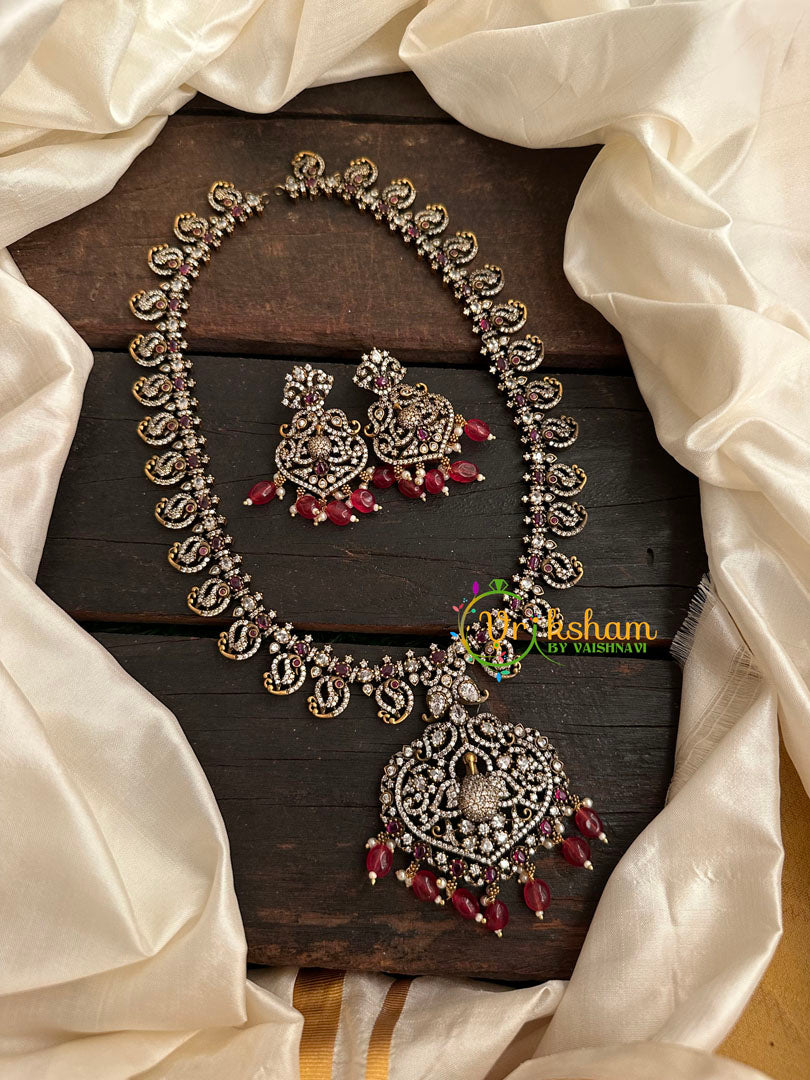 Victorian Diamond Long Neckpiece -Red -Peacock -VV133