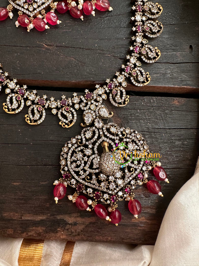 Victorian Diamond Long Neckpiece -Red -Peacock -VV133