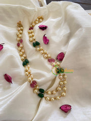 Layered Gold Pearl Beaded Mala with Red Green Interlude Beads -G5731