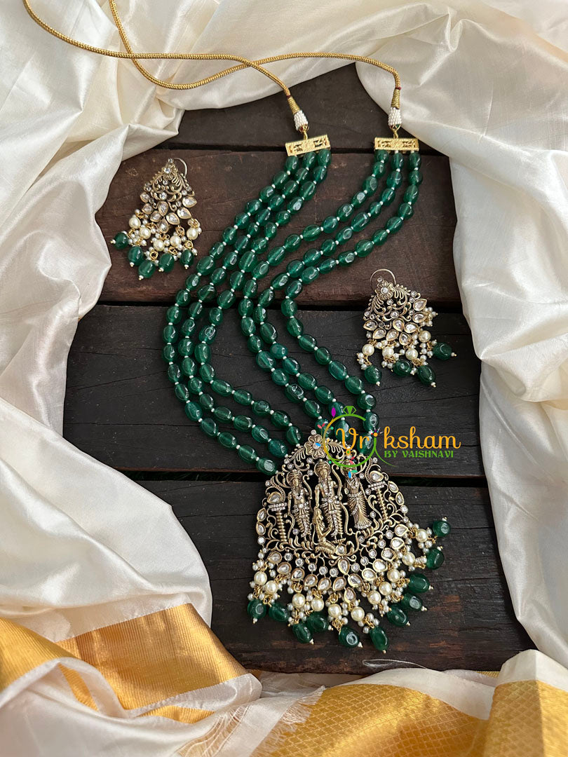Dark Green Bead Victorian Diamond Ram Parivar Neckpiece-VV153