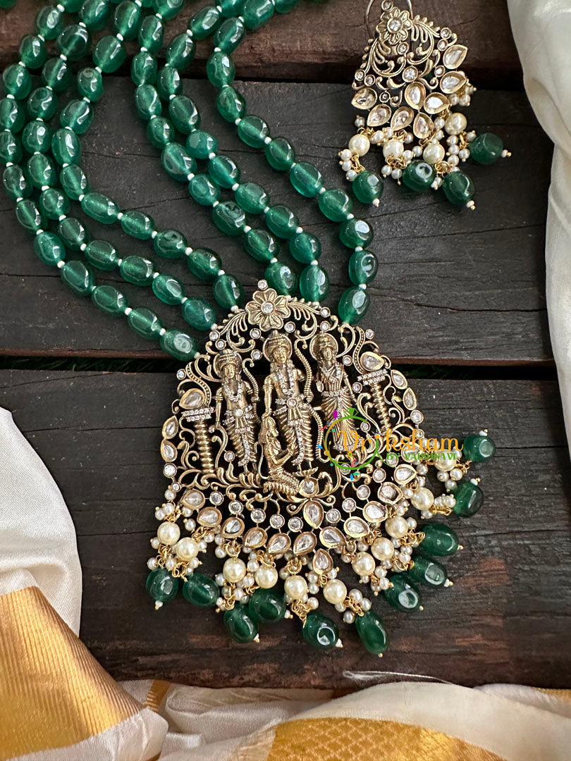 Dark Green Bead Victorian Diamond Ram Parivar Neckpiece-VV153