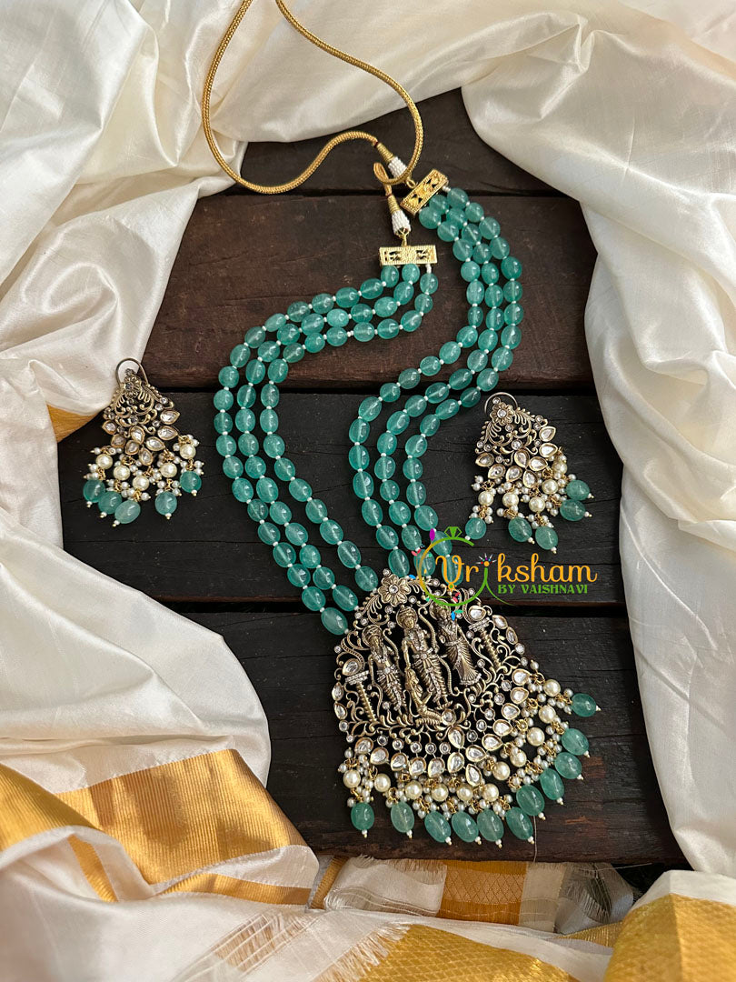 Aqua Green Bead Victorian Diamond Ram Parivar Neckpiece-VV152