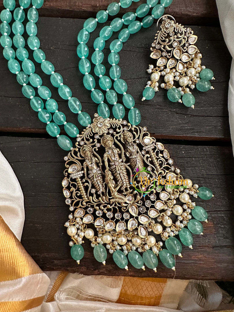 Aqua Green Bead Victorian Diamond Ram Parivar Neckpiece-VV152