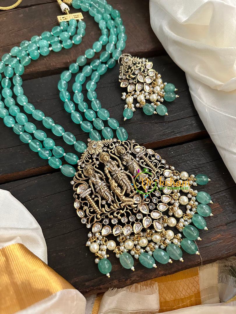 Aqua Green Bead Victorian Diamond Ram Parivar Neckpiece-VV152