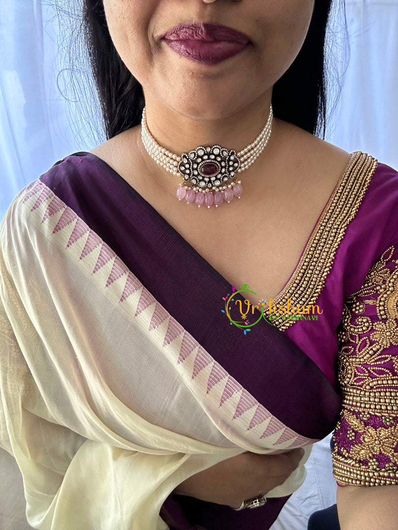 Pearl Victorian Diamond High Neck Choker-RED-VV090