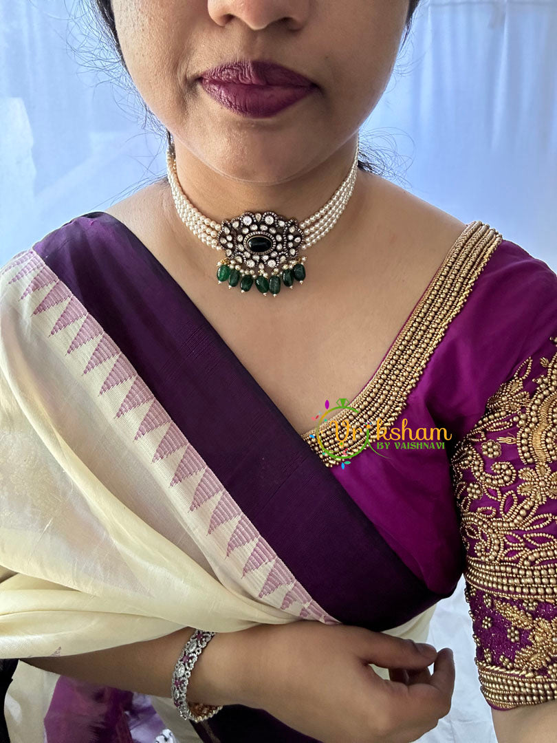 Pearl Victorian Diamond High Neck Choker-Green-VV076
