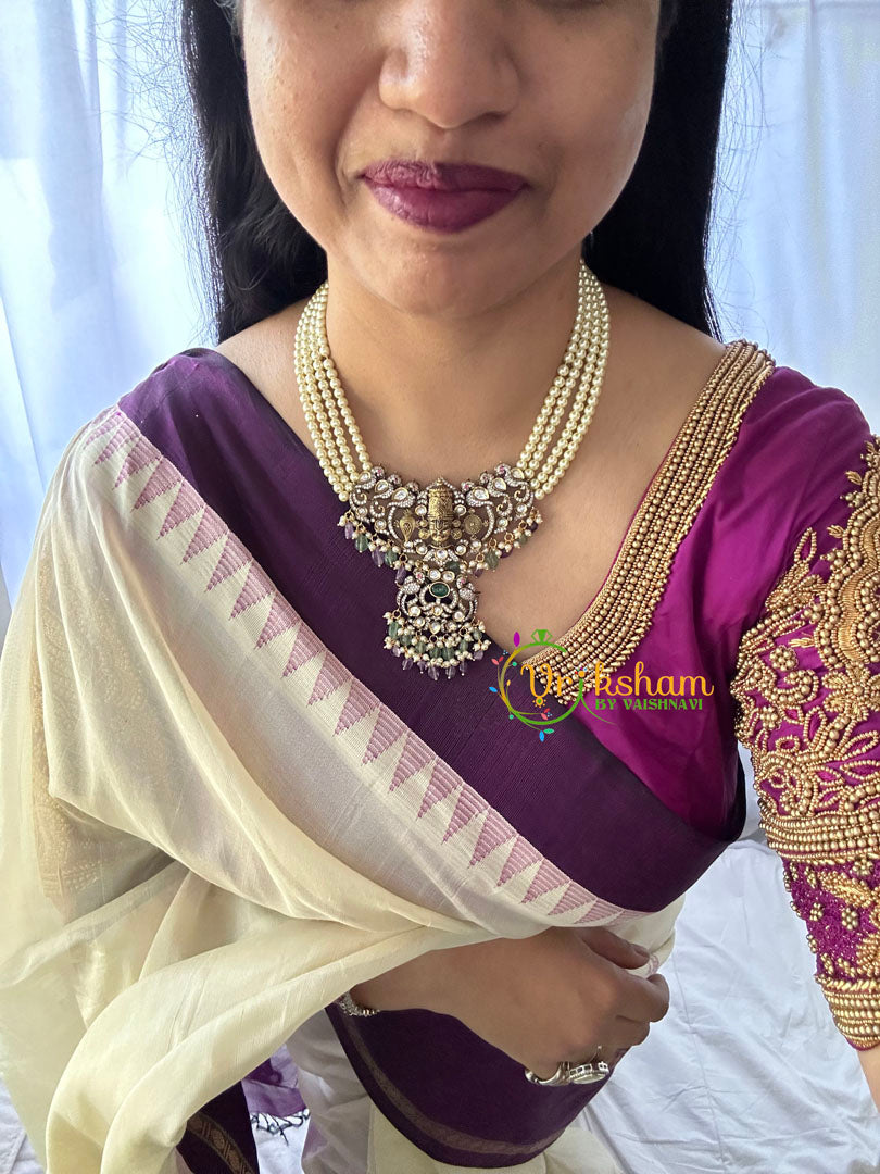 Pearl Victorian Diamond Temple Neckpiece -Purple-Vishnu Pendant-VV078