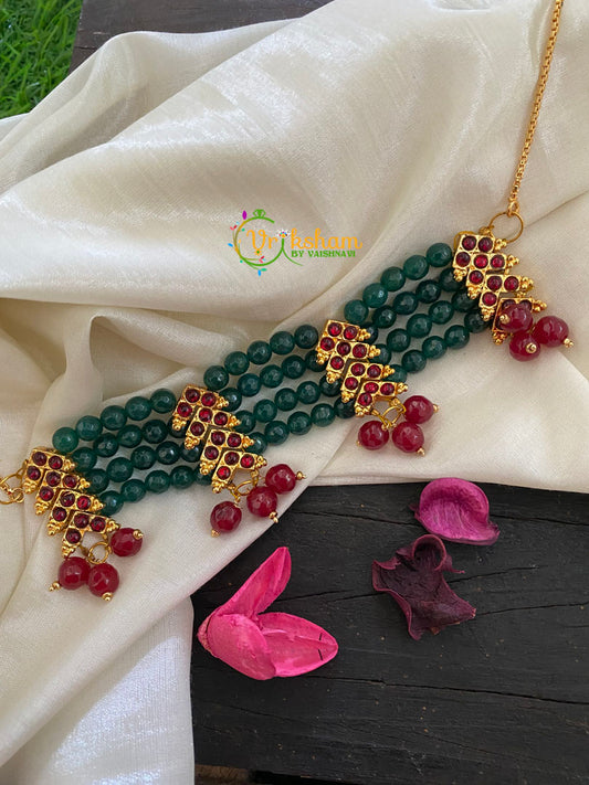 Traditional Kemp set Layered Bead High Neck Choker-Green-K086