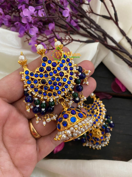 Traditional Kemp Chandran Jhumkas-Blue-K075