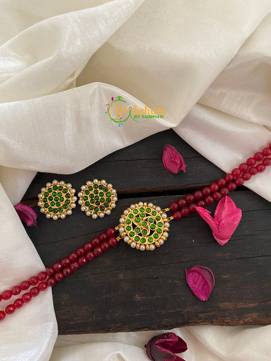 Traditional Kemp High Neck Choker-Green Pendant-Red-K009