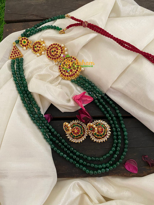 Traditional Kemp Mugappu Green Bead Layered Mala-K018