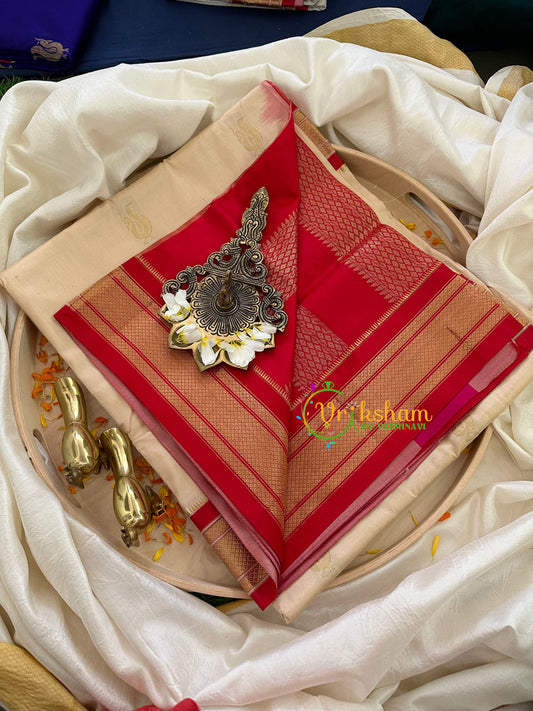 Beige with Red Paithani Pure Silk Saree -VS783