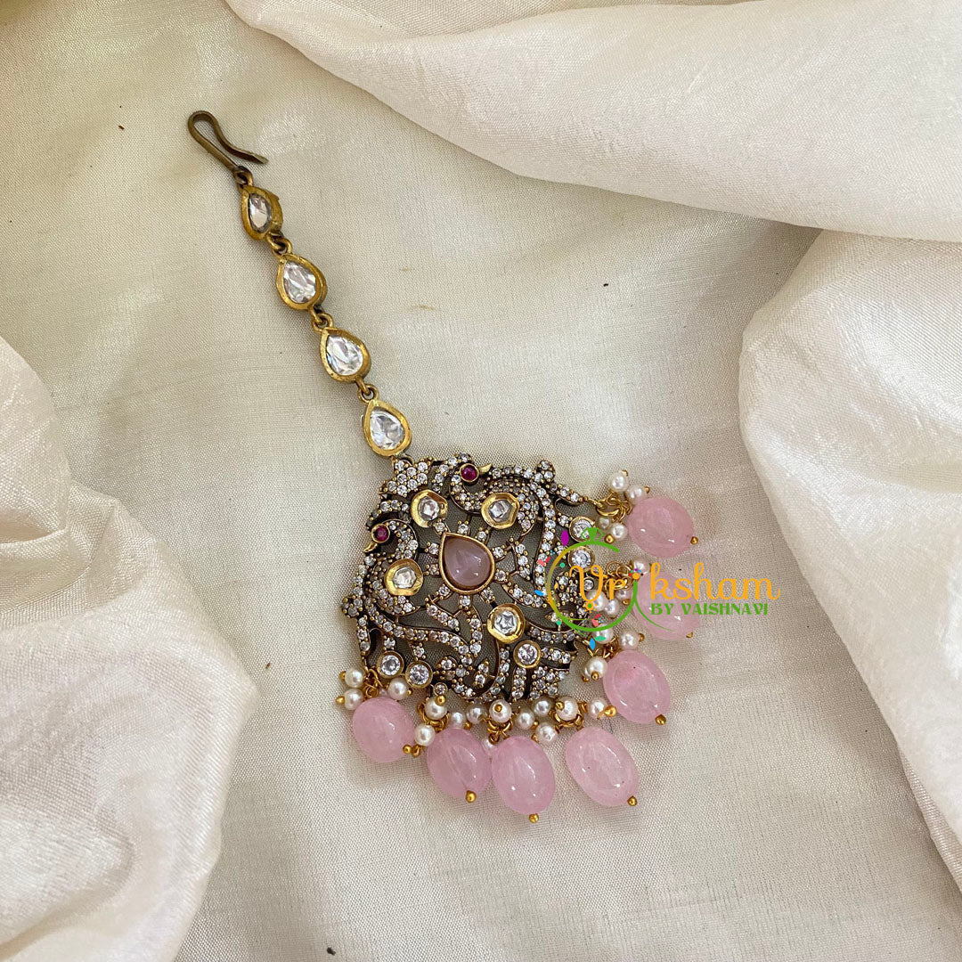 Pastel Pink Bead Victorian Diamond Maang Tikka-Peacock -VV505