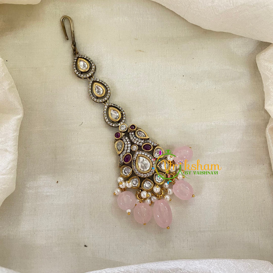 Pastel Pink Bead Victorian Diamond Maang Tikka-White -VV501