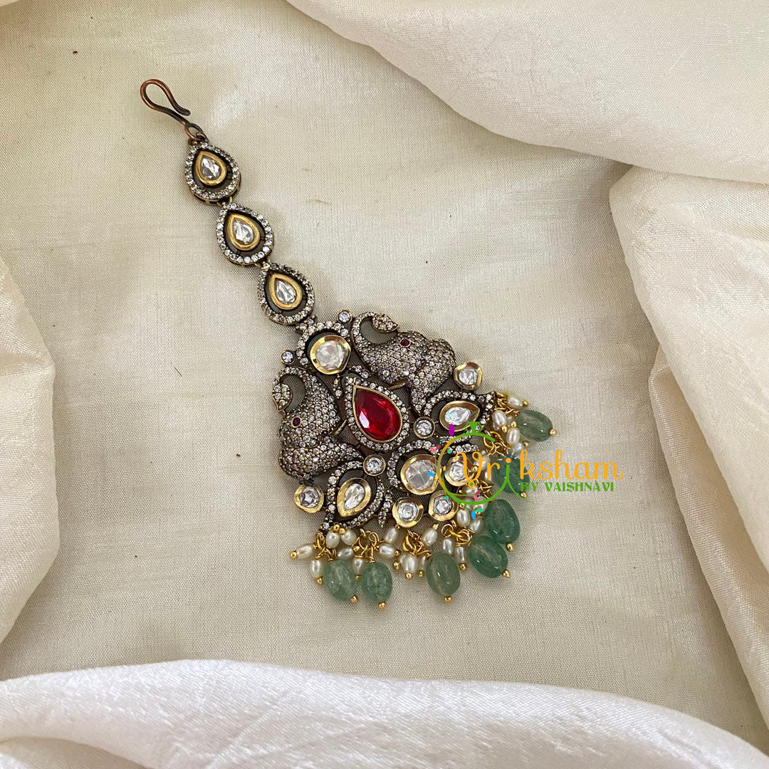 Green Bead Victorian Diamond Maang Tikka -Red Stone-Elephant-VV498