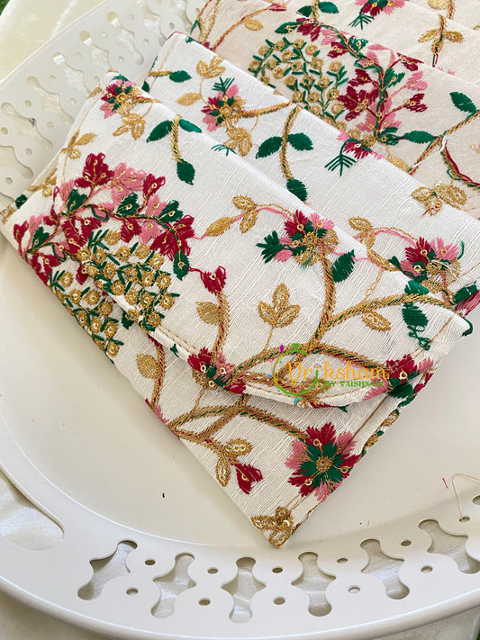 Return Gift White Embroidered Pouches-6 pieces Set-RG014