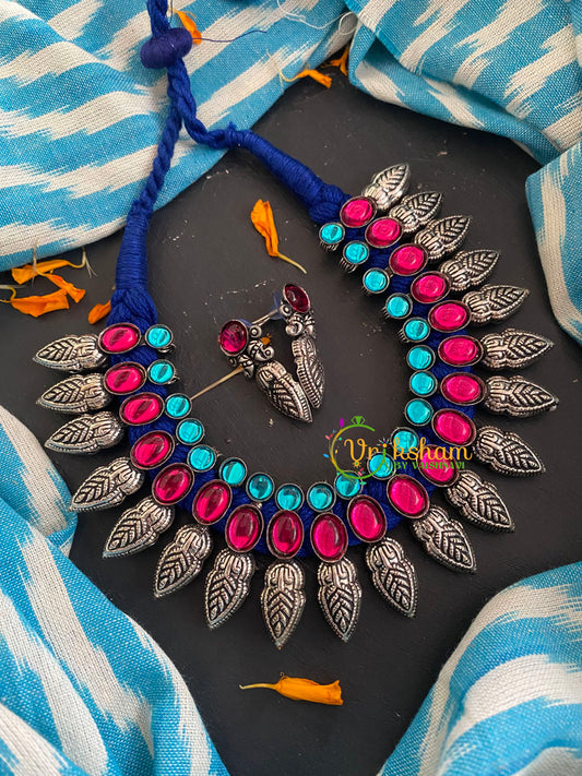 Oxidized Kolhapuri Pink Green Neckpiece-Blue Rope-S0268