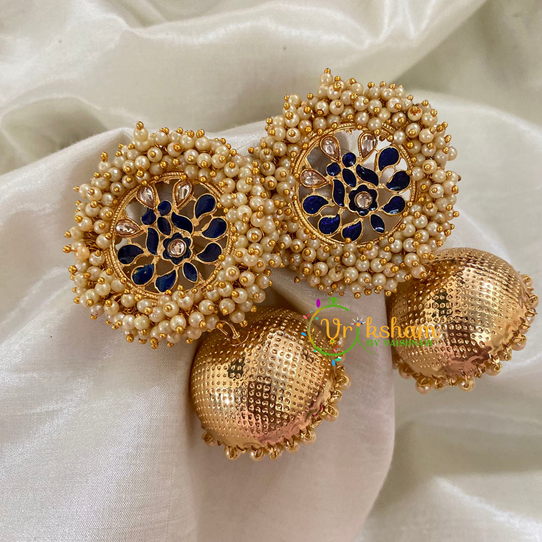 Dark Blue Cluster Pearl Meenakari Jhumkas-Gold -G8163