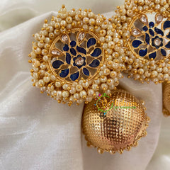 Dark Blue Cluster Pearl Meenakari Jhumkas-Gold -G8163