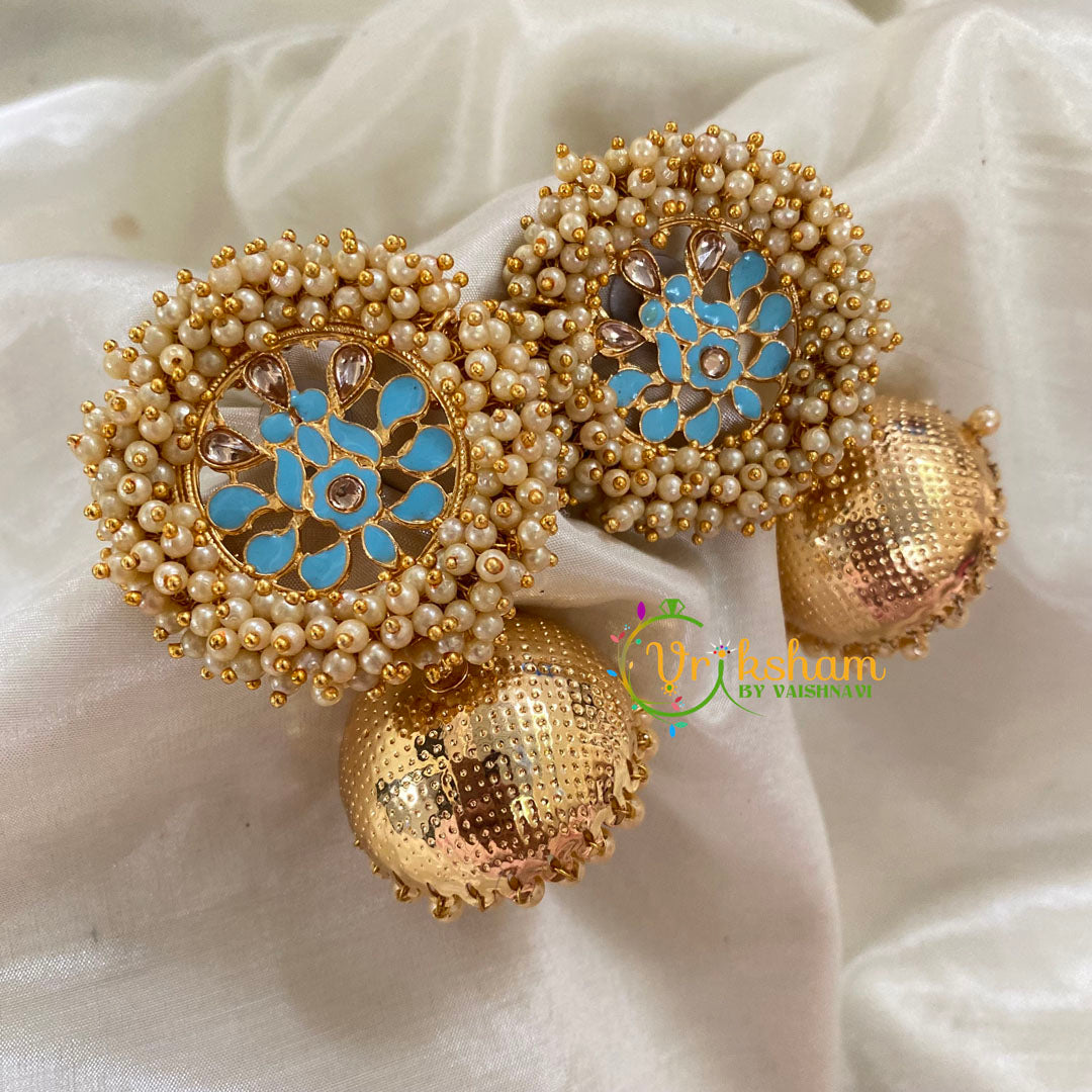 Blue Cluster Pearl Meenakari Jhumkas-Gold -G8162