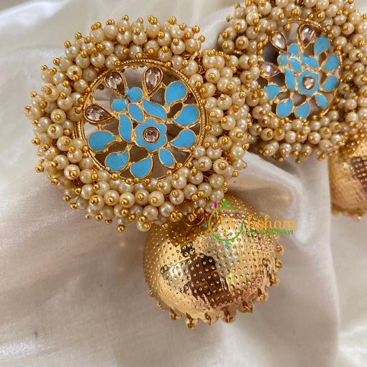 Blue Cluster Pearl Meenakari Jhumkas-Gold -G8162