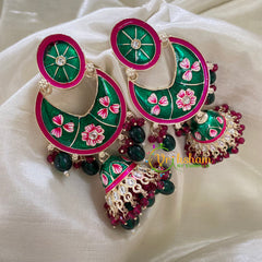 Green Pink Kundan Meenakari Chandbali Jhumkas -G8226