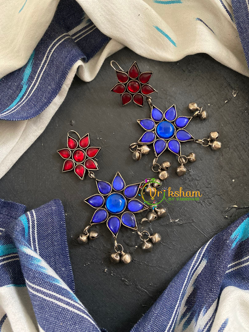 Afghani Oxidized German Silver Danglers -Blue Red -S743