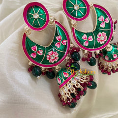 Green Pink Kundan Meenakari Chandbali Jhumkas -G8226