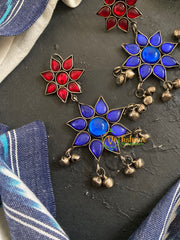 Afghani Oxidized German Silver Danglers -Blue Red -S743