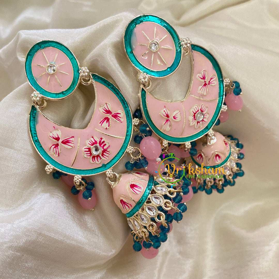 Pastel Pink Kundan Meenakari Chandbali Jhumkas -G8130