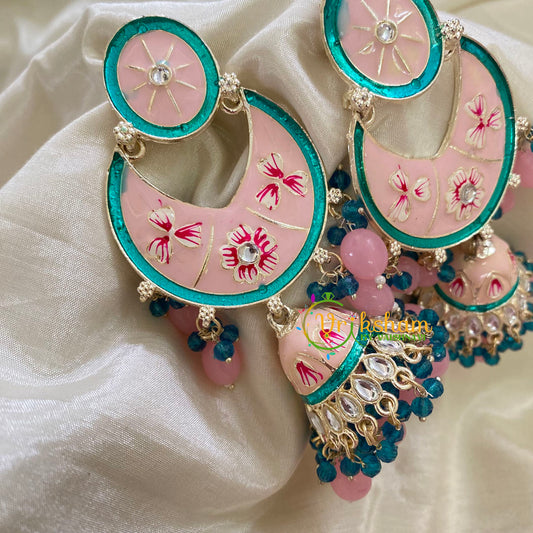 Pastel Pink Kundan Meenakari Chandbali Jhumkas -G8130