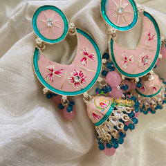 Pastel Pink Kundan Meenakari Chandbali Jhumkas -G8130