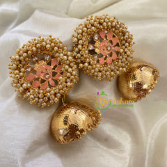 Peach Cluster Pearl Meenakari Jhumkas-Gold -G8160