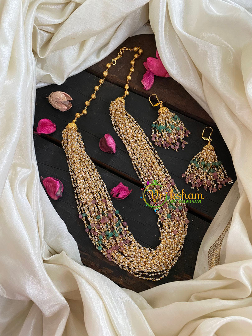 Layered Golden White Beaded Malai with Green and Pastel Pink Beads-G4702