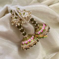 Olive Green Meenakari Long Jhumkas-Beaded -G8154